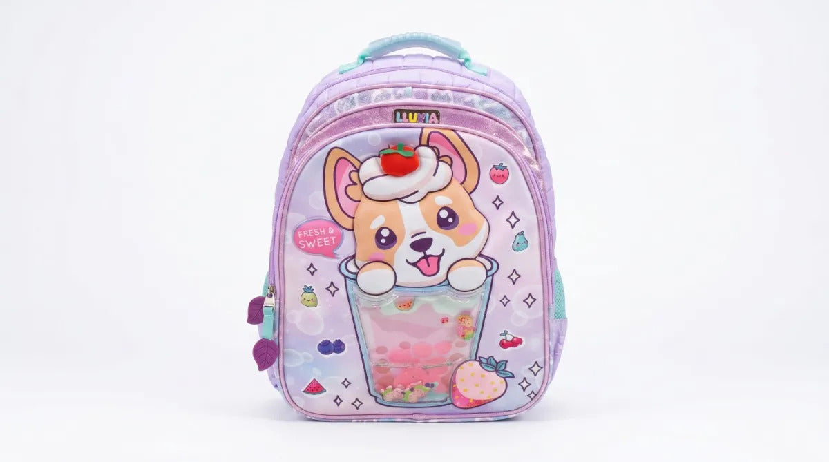 Mochila Lluvia Perrito 3d Vaso Tapioca Color Lila Acolchada