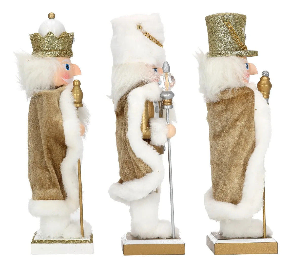 Cascanueces lluvia Rey Navideño Blanco Dorado 25 Cm 1 Pieza
