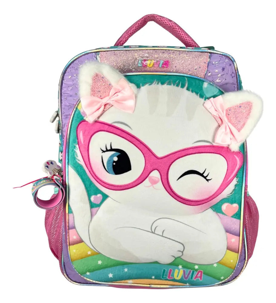 Mochila Primaria Set 3 Piezas Marca Lluvia Gatita Con Lentes