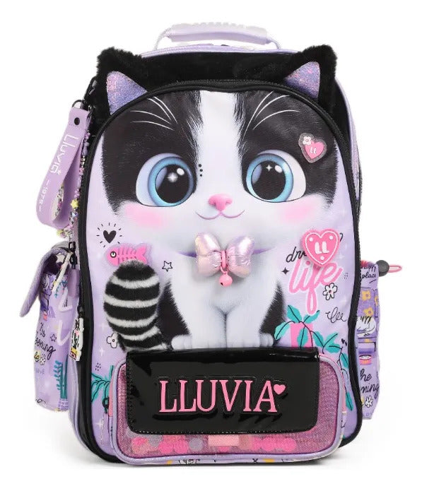 Mochila Lluvia Gatito Ojos Grandes Lila Gran Capacidad