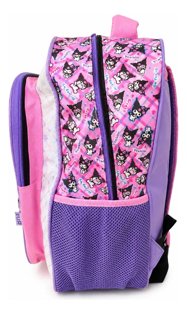 Mochila Escolar Kuromi Ruz Negra Rosa Con Bolsas Laterales
