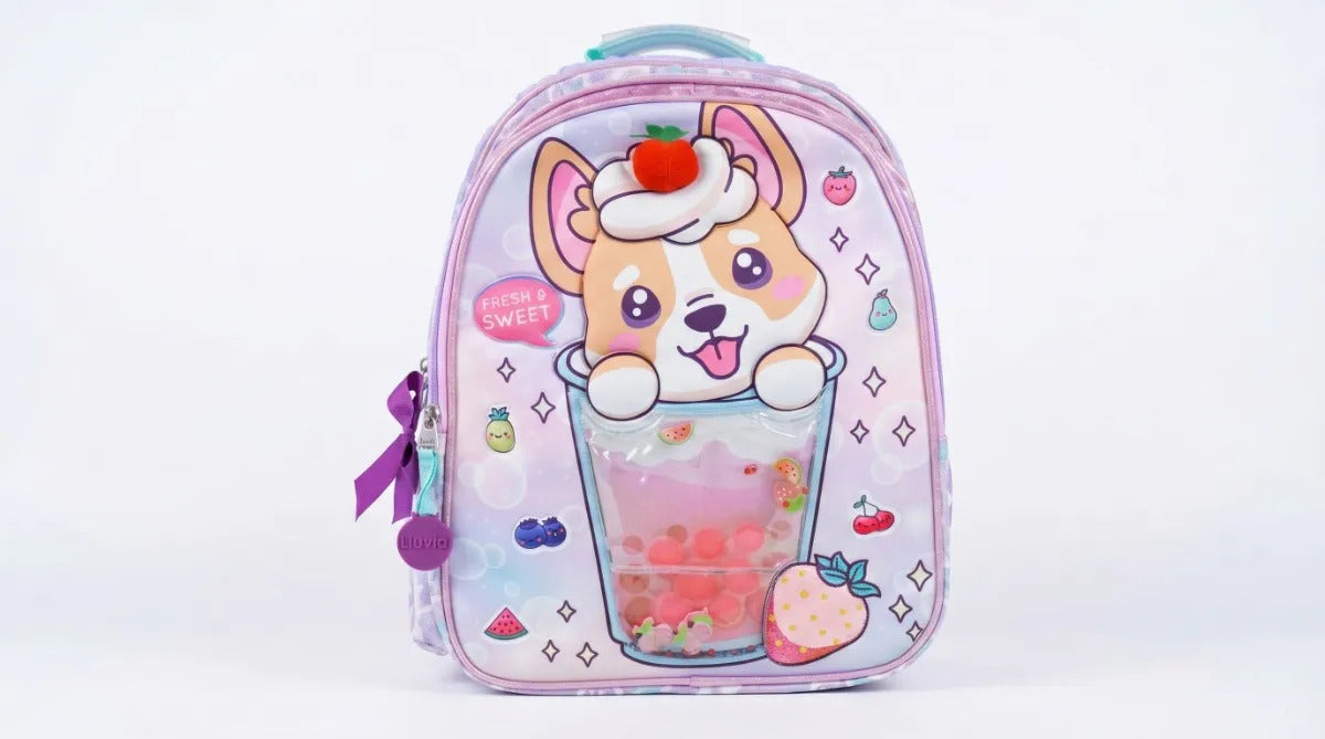 Mochila Lluvia Perrito 3d Vaso Tapioca Color Lila Acolchada