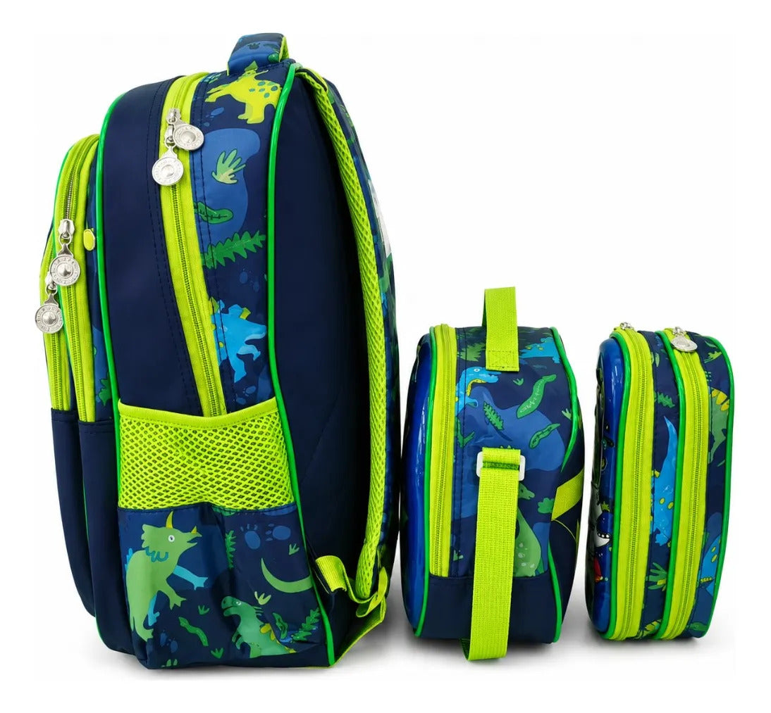 Set Tres Piezas Escolar Dinosaurio Mochila Lonchera Lapicera