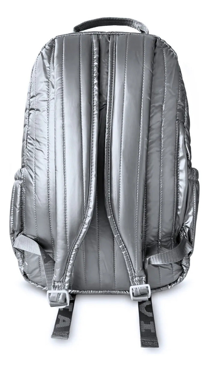 Mochila Juvenil Lluvia Gris Cromado Diseño Metálico