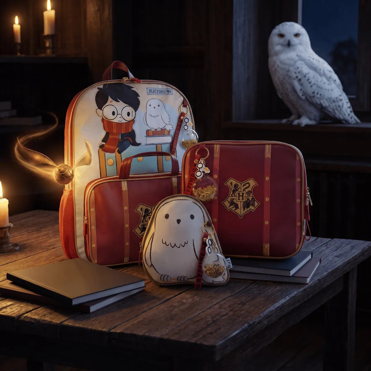 Set Mochila Escolar Ruz Vino Harry Potter y Buho Tres Piezas