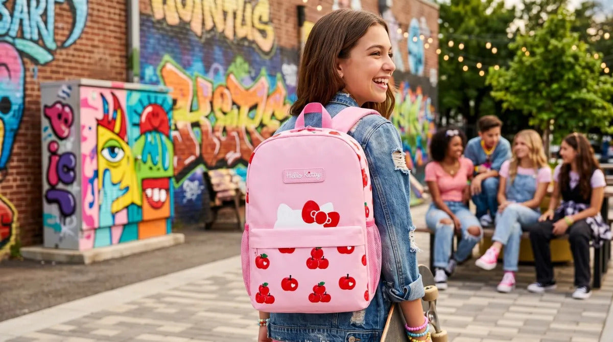 Mochila Juvenil Hello Kitty Rosa Con Estampado De Cerezas