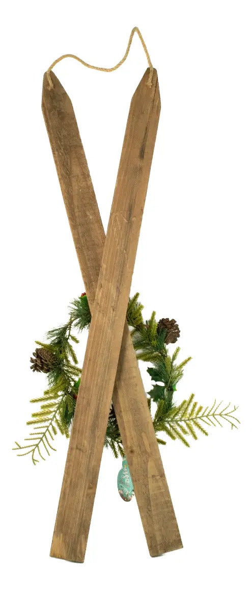 Figura De Esquís Navideños De Madera Con Piñas 74x1x9
