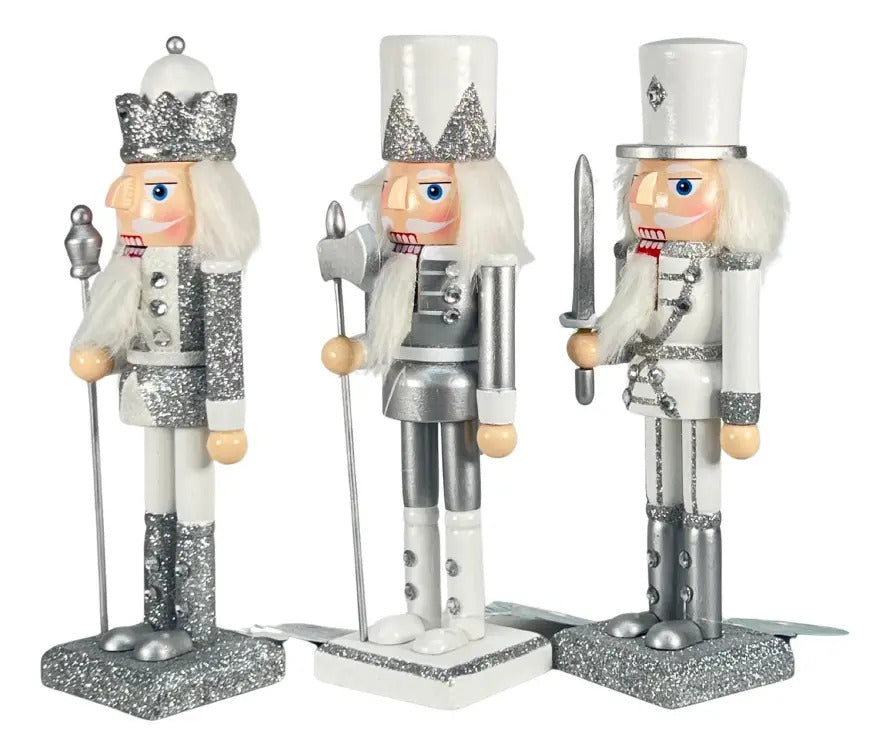 Cascanueces De Madera Mediano 3 Piezas Plata Y Blanco Gliter