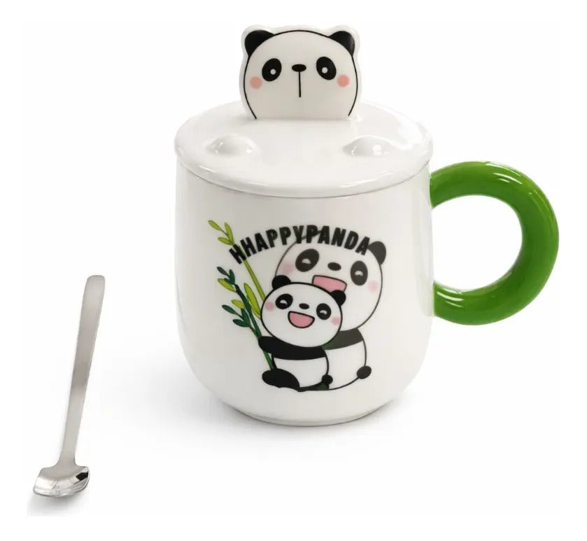 Taza Panda Kawaii Con Tapa Y Agitador Metálico 380ml