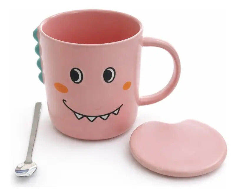 Taza Kawaii Dinosaurio Colores Rosa Verde Y Amarillo 350 Ml