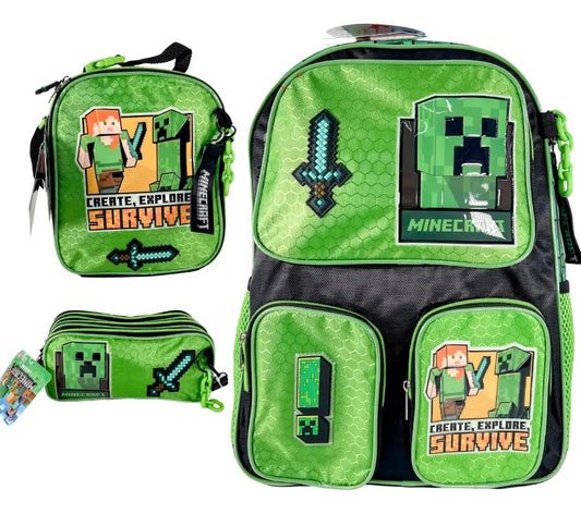 Paquete 3 Piezas Mochila Minecraft Ruz Verde Primaria
