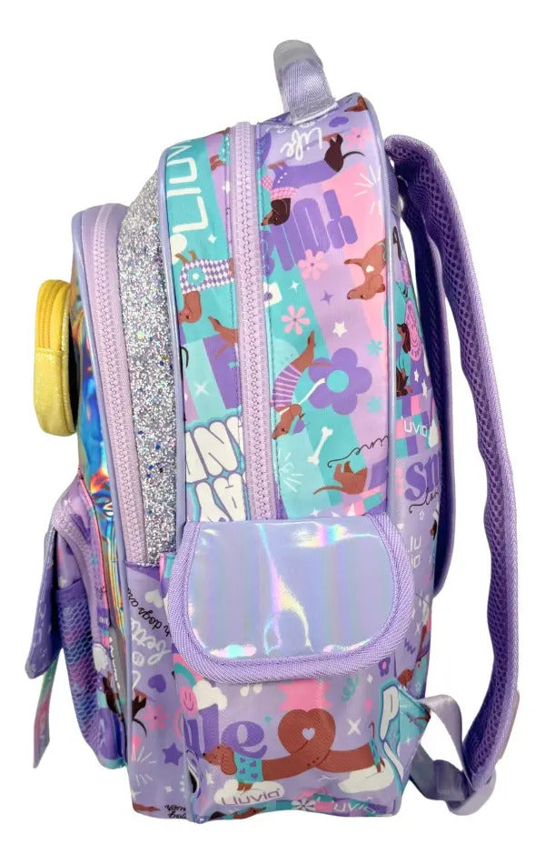 Mochila Escolar Lluvia Violeta Tornasol 20l Con Monedero Carita Geométrico