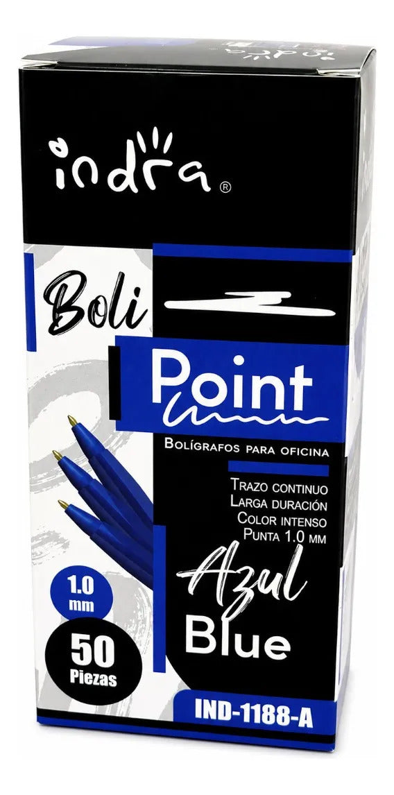 Plumas Indra Tinta Azul Punto Mediano 1.0 Mm 50 Piezas