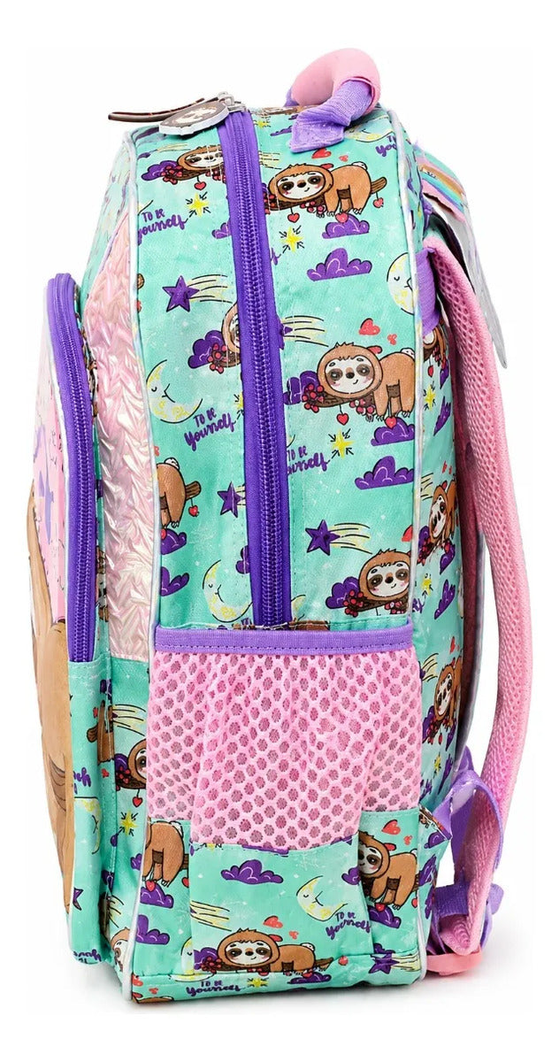 Set Tres Piezas Lluvia Perezoso Rosa Luz Led Mochila Escolar