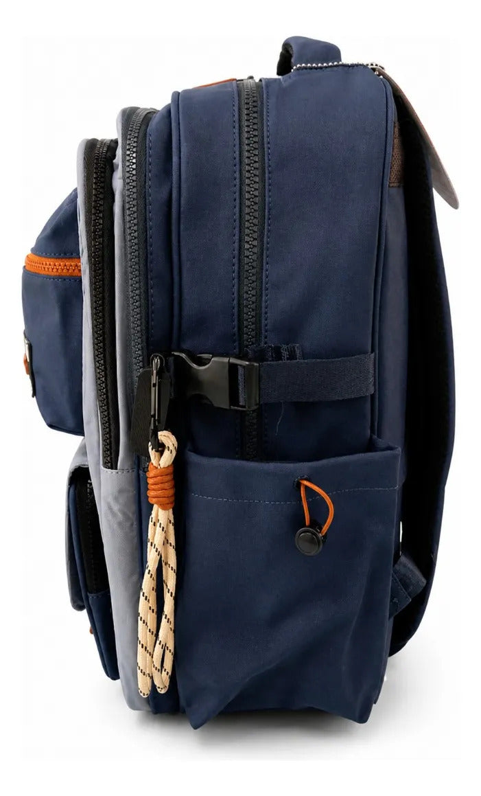 Set Mochila Juvenil Lluvia Azul Marino Y Naranja Tres Piezas