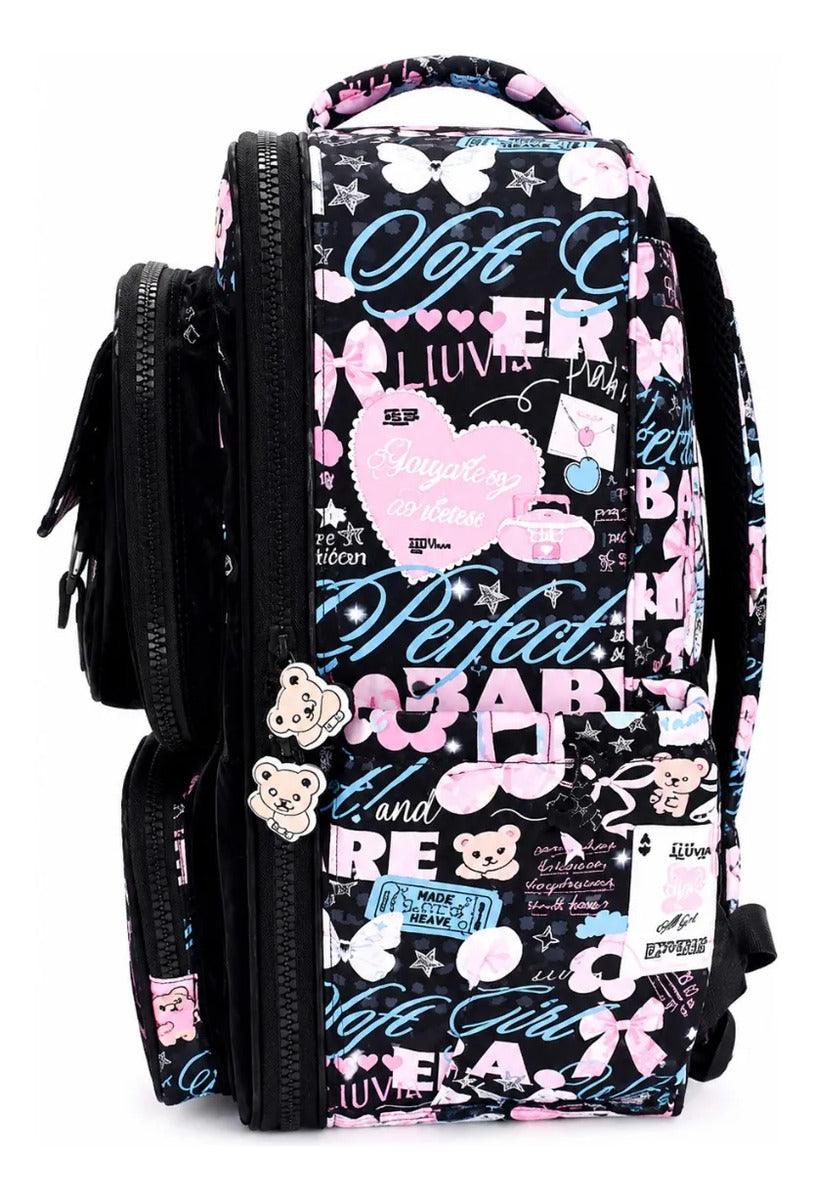 Mochila Lluvia Negra Casita Y Ositos Con Velcro Desmontables