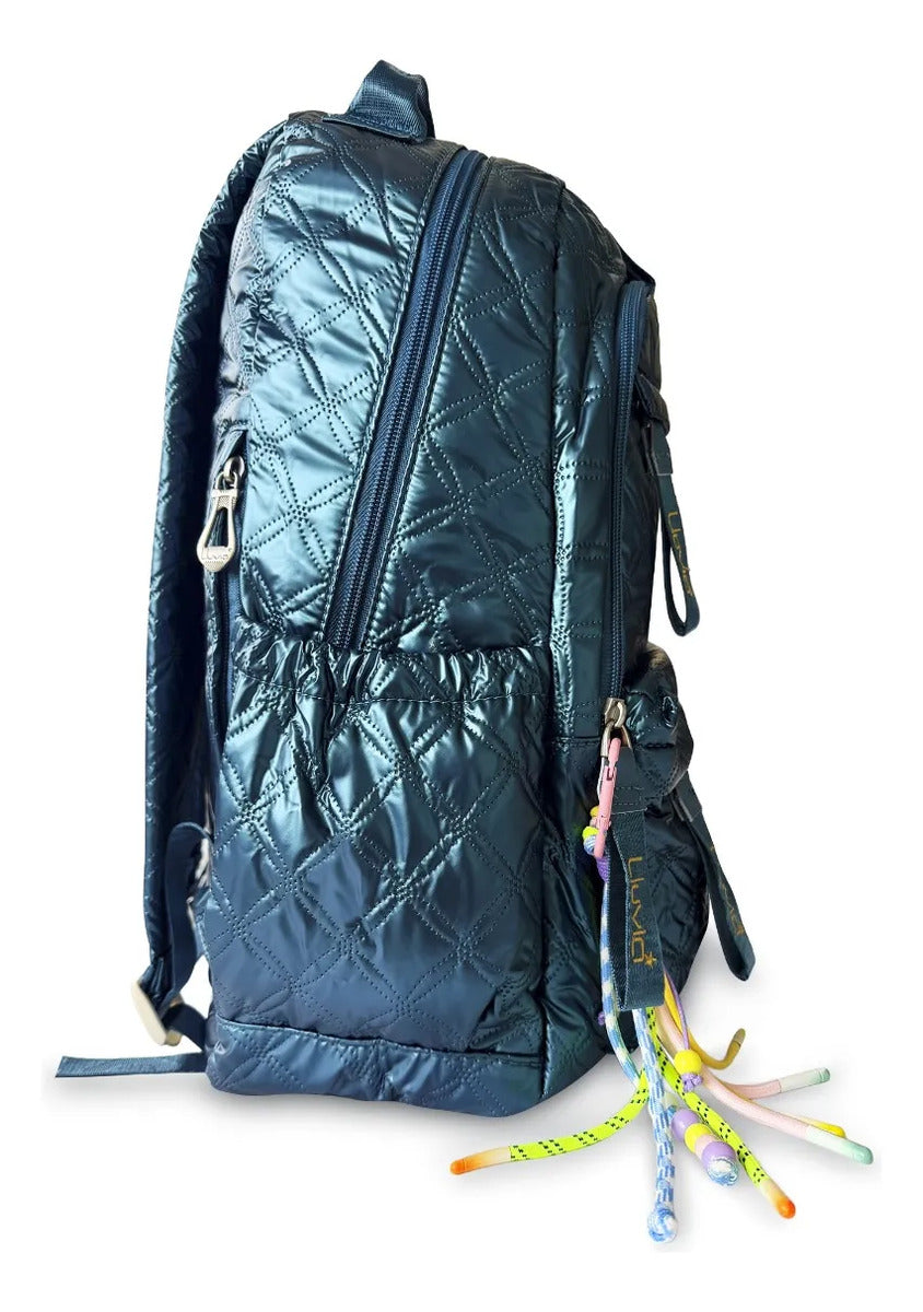 Mochila Juvenil Lluvia Verde Turquesa Diseño Puff Rombos