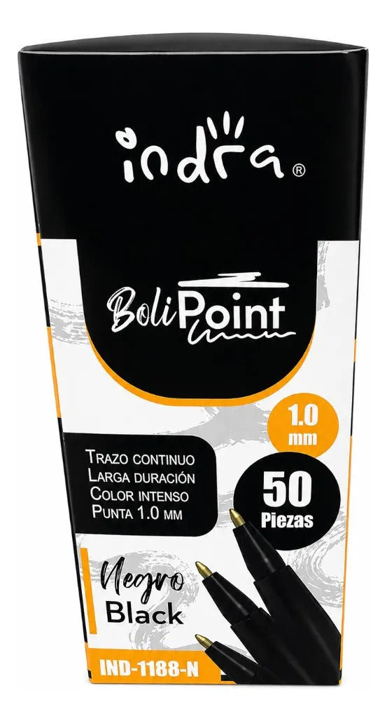 Plumas Indra Escolar Tinta Negra Punta 1.0 Mm Caja 50 Piezas