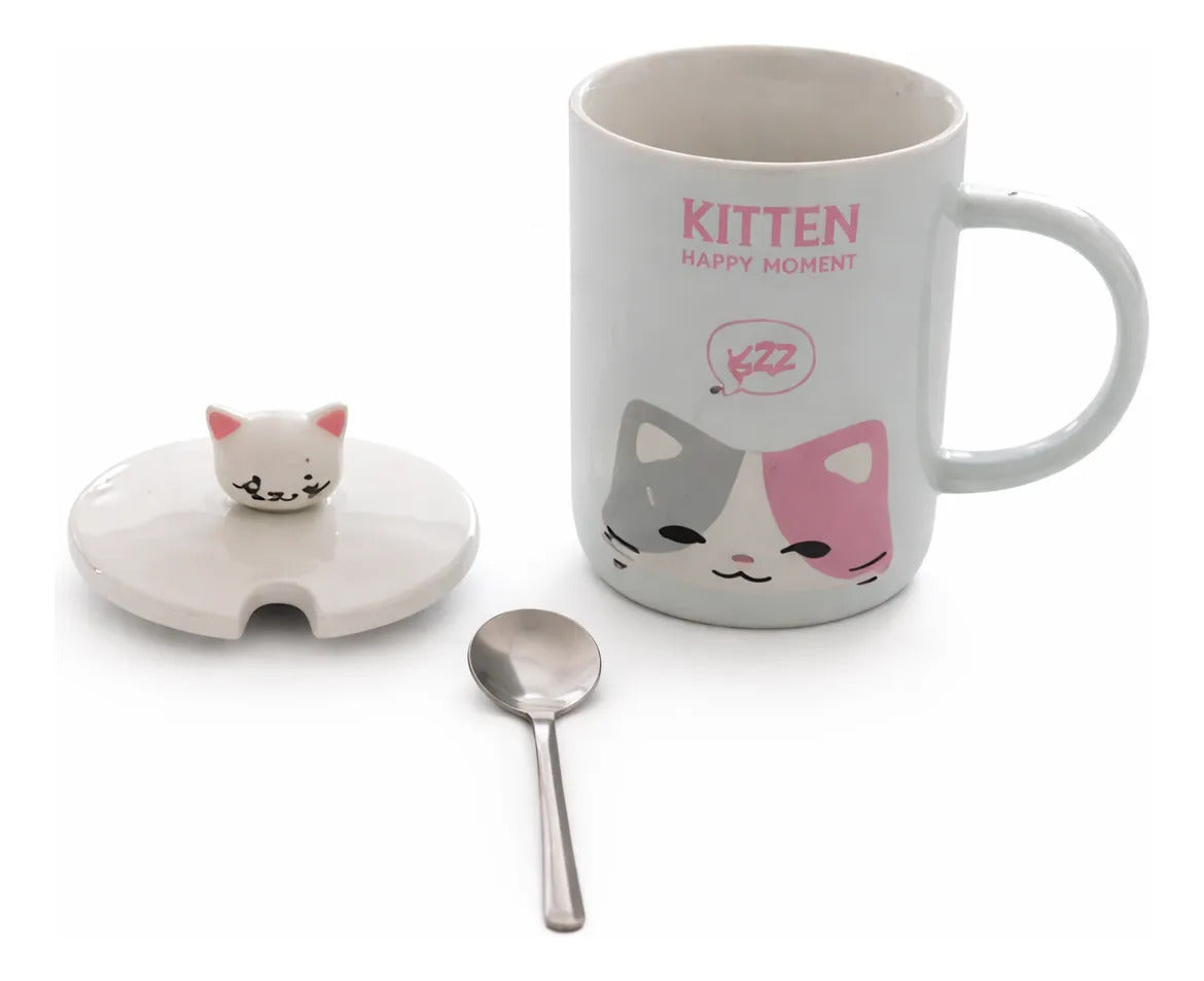 Taza Con Tapa Decorativa De Animales 380ml Marca Lluvia