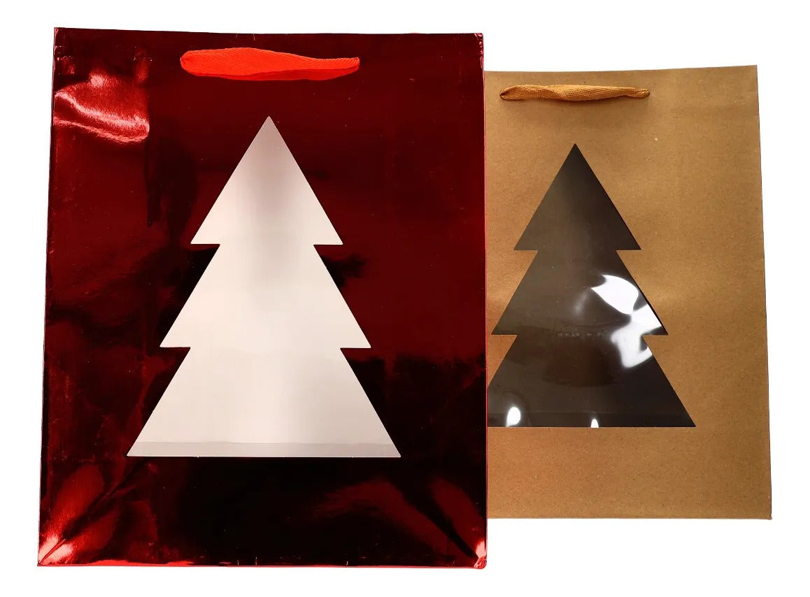 Bolsas de Regalo Navideñas Lluvia Pino Rojo/Nat 12 Pzas