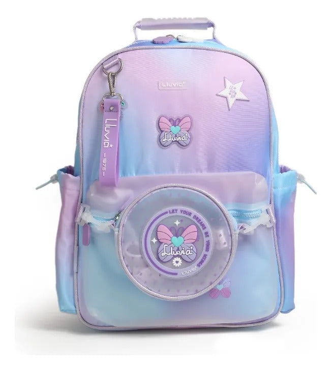 Mochila Juvenil Lluvia Lila Difuminado Con Bolsita Incluida
