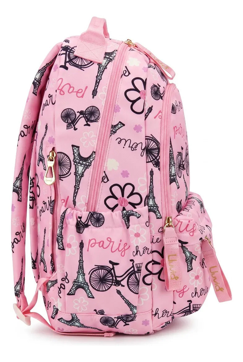 Mochila Escolar Lluvia Rosa Diseño Torre Eiffel Y Bicicletas