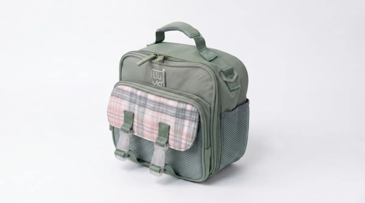 Lonchera Lluvia Verde Pastel Con Diseño Escocés Y Correa