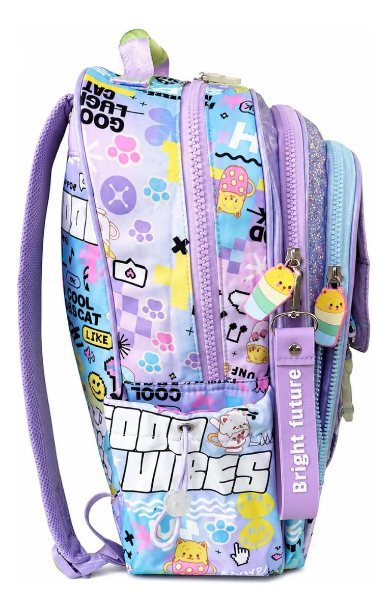 Mochila Escolar Lluvia Tornasol Parches Intercambiables