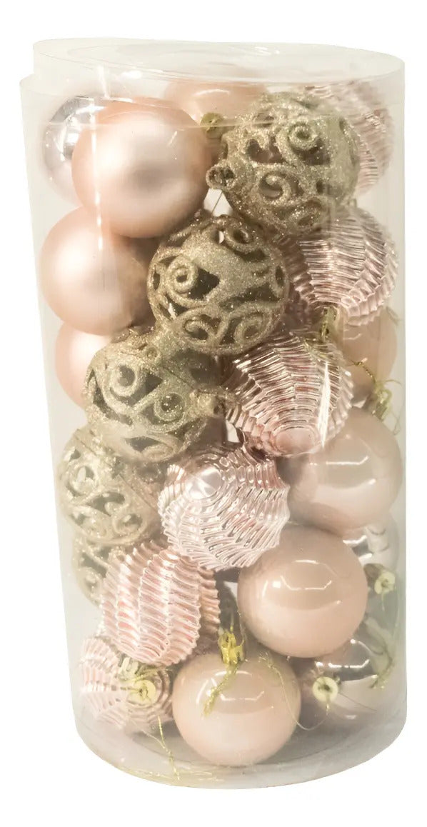 Esferas Metálicas Rosa Y Glitter 6 Cm Para Árbol Navidad