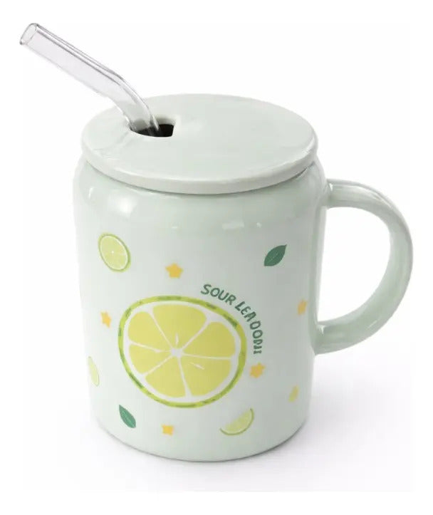 Taza Frutal Con Tapa Y Popote De Cristal 400 Ml