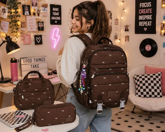 Set Escolar Lluvia Café Con Moños Mochila Lonchera Lapicera
