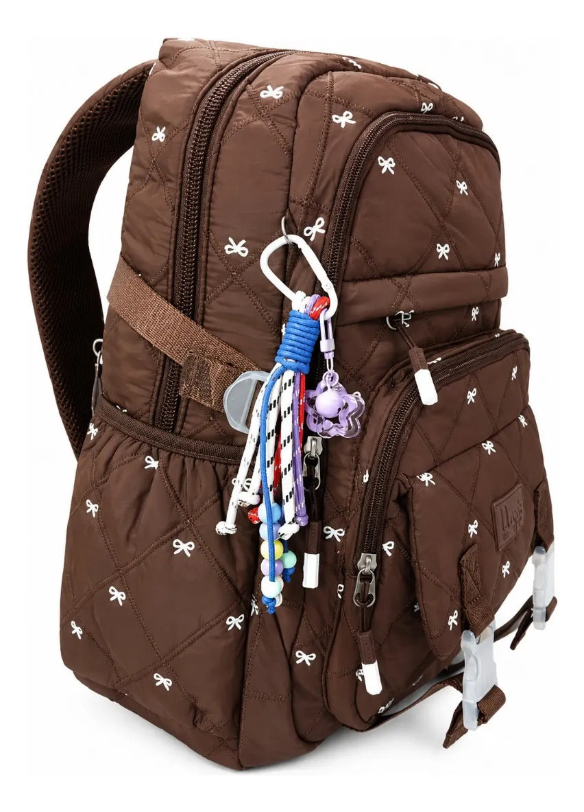 Set Escolar Lluvia Café Con Moños Mochila Lonchera Lapicera