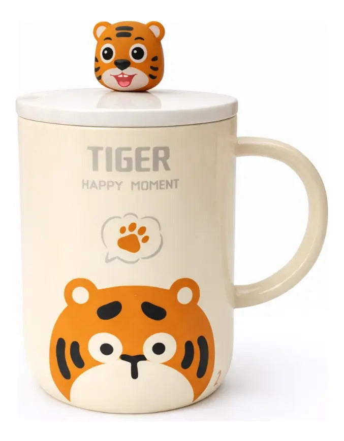 Taza Con Tapa Decorativa De Animales 380ml Marca Lluvia