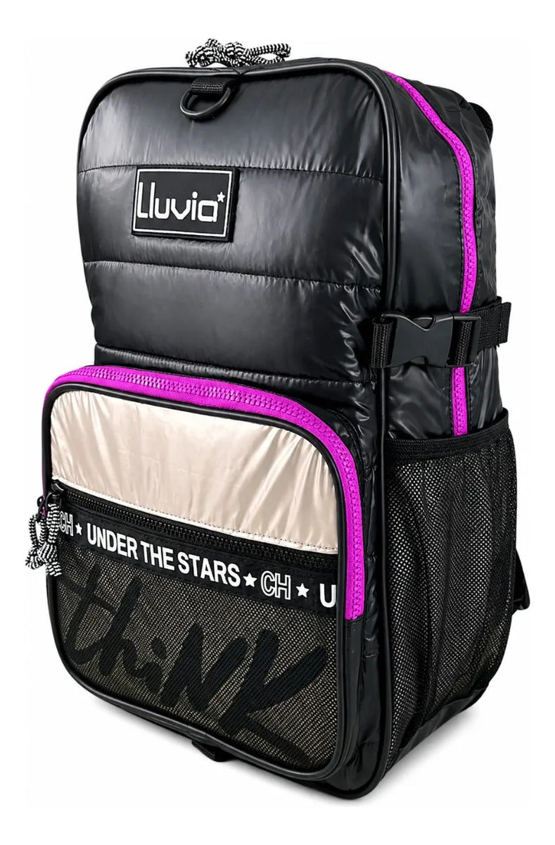 Mochila Lluvia Juvenil Negra Con Detalles Dorados Y Lila 26l