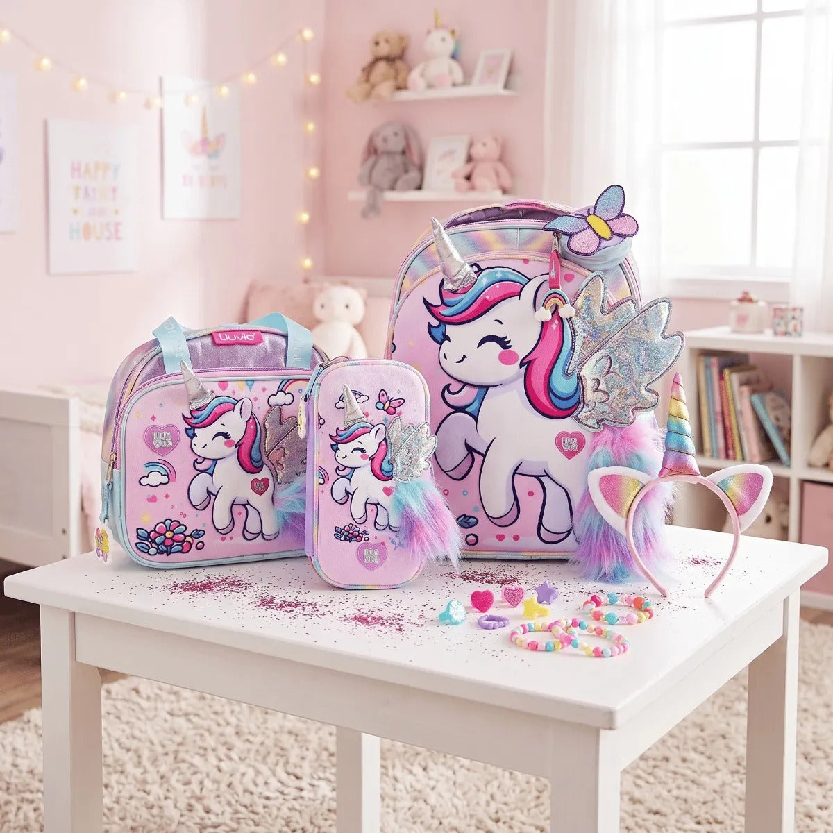 Set Escolar Lluvia Lila Unicornio Arcoiris 3D y Monedero