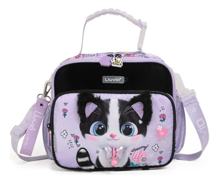 Set Mochila Tres Piezas Lluvia Gatita Dreaming Life Lila
