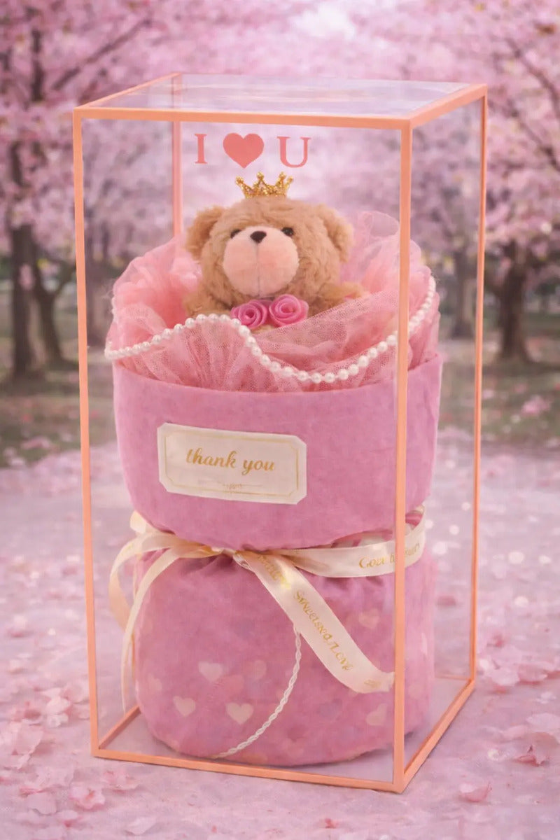 Detalle Romántico Con Osito Rosa Y Corona En Caja De Acetato