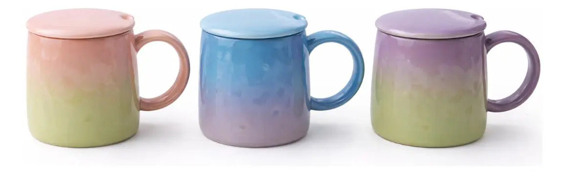 Taza Tornasol De Cerámica Con Tapa Y Cuchara Metalica 380 Ml