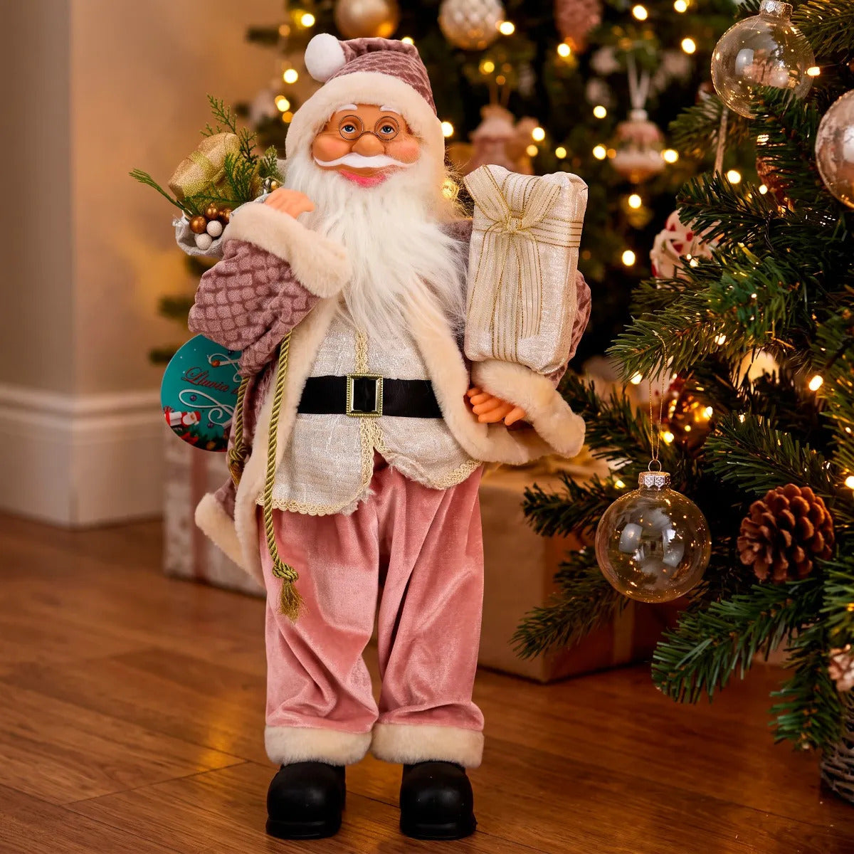 Santa Claus Lluvia Navideño Elegante Rosa y Dorado 60 cm