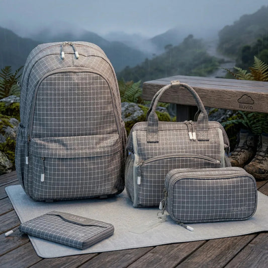 Set 3 Piezas Lluvia Gris Cuadros Mochila Lonchera Lapicera
