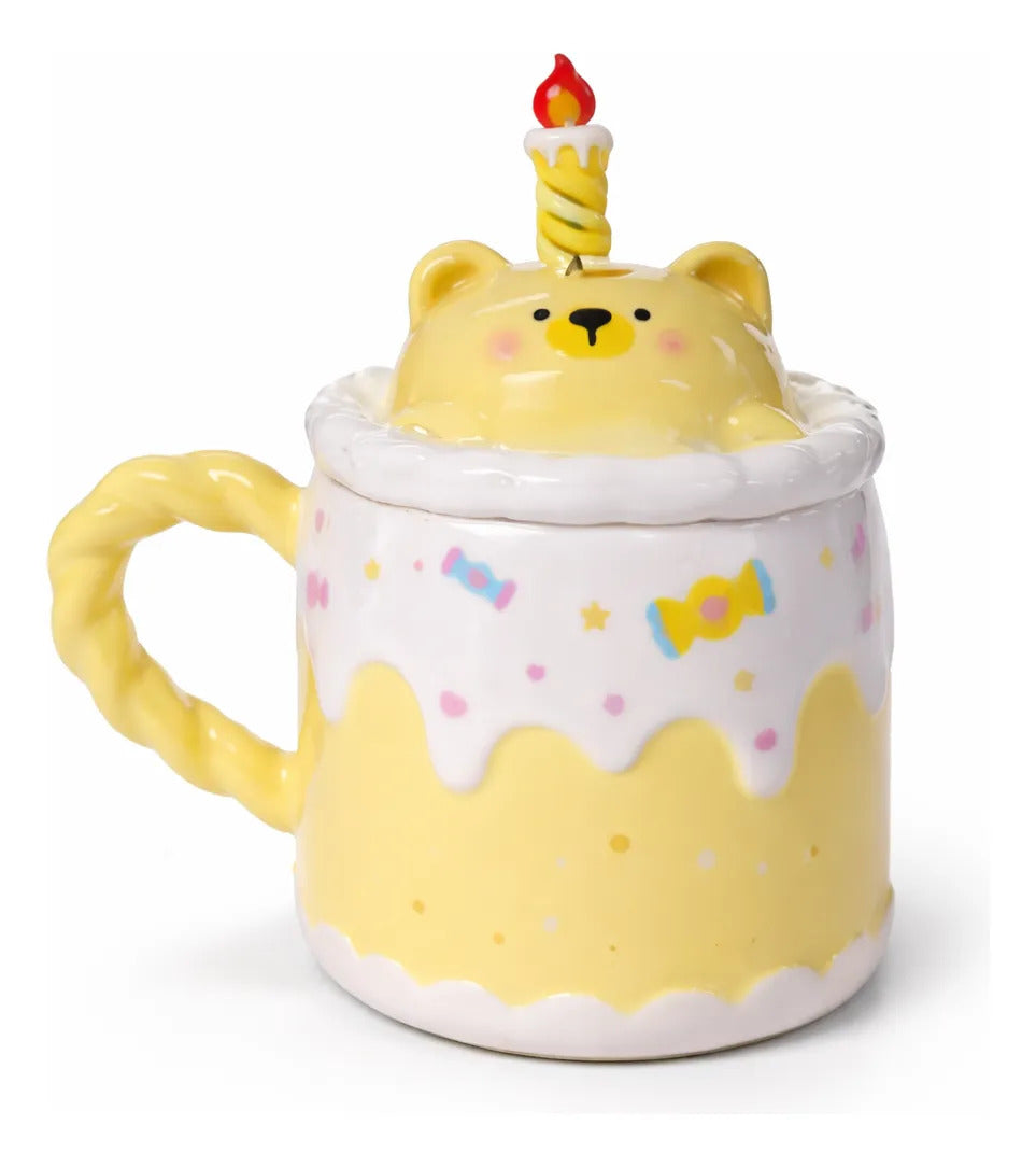 Taza Kitten Y Bunny De Cerámica Con Tapa Y Aguitador 400 Ml