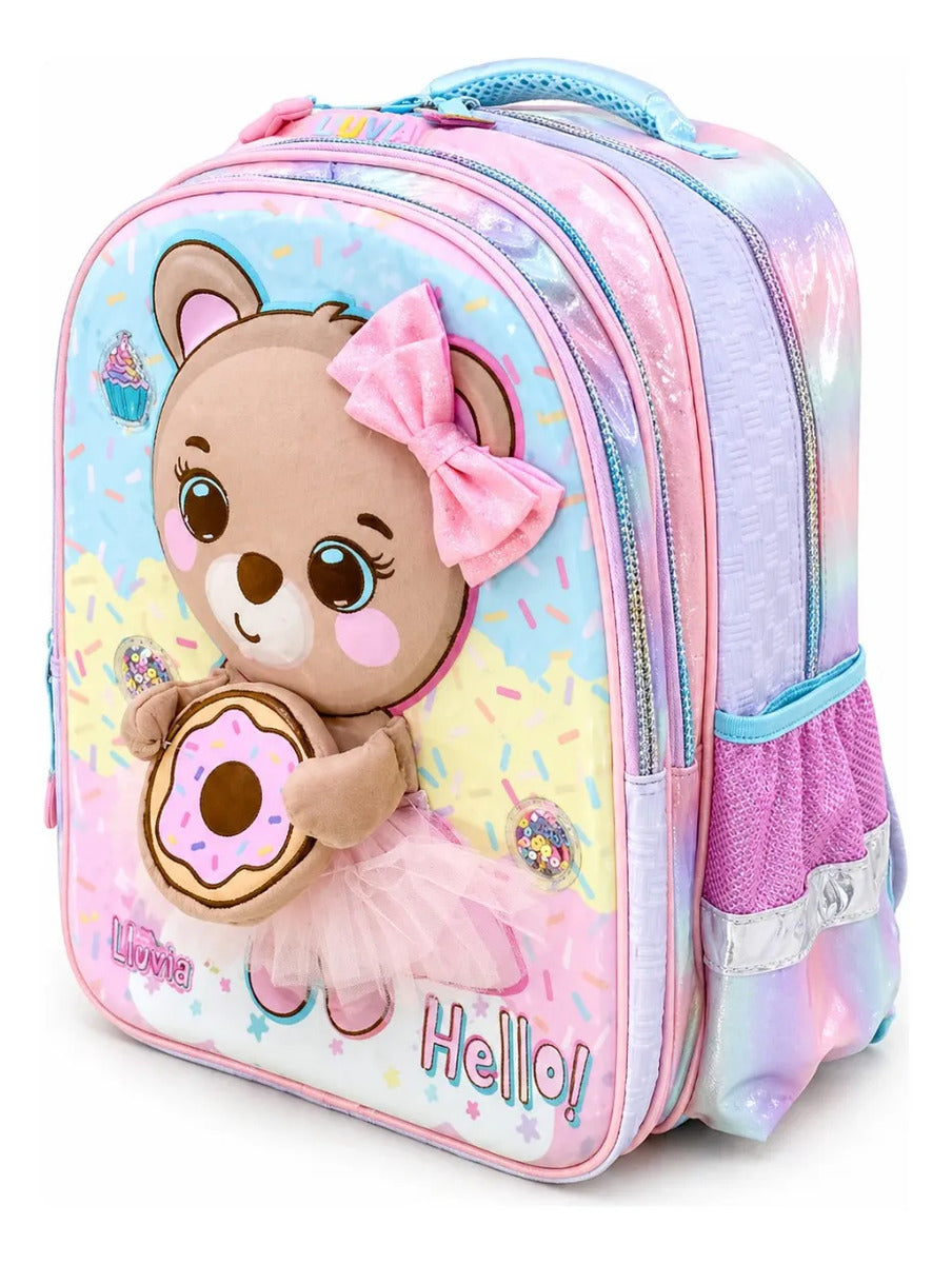 Mochila Escolar Lluvia Con Osita Glitter Y Monedero 3d