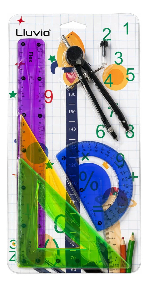 Juego De Geometría Escolar Lluvia Flex 5 Piezas Con Compás
