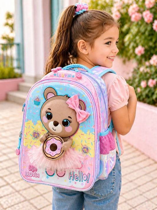 Mochila Escolar Lluvia Con Osita Glitter Y Monedero 3d