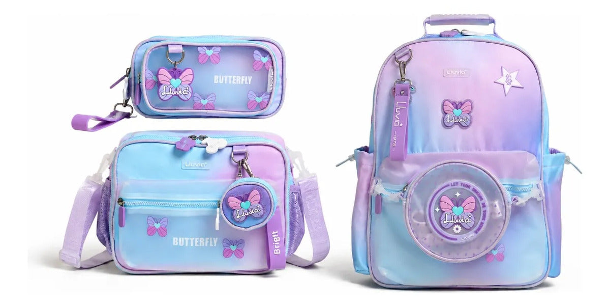 Set Mochila Primaria Mariposas Tornasol Lila Tres Piezas