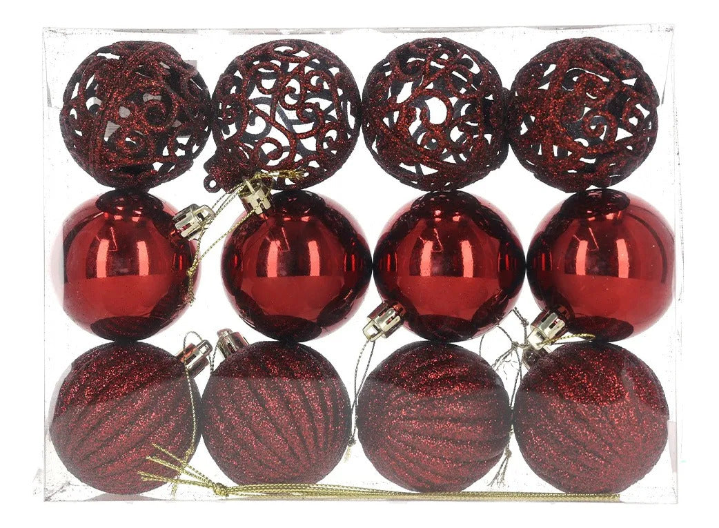 Set 6 Esferas Navideñas Rojo Vino Caladas 6 cm