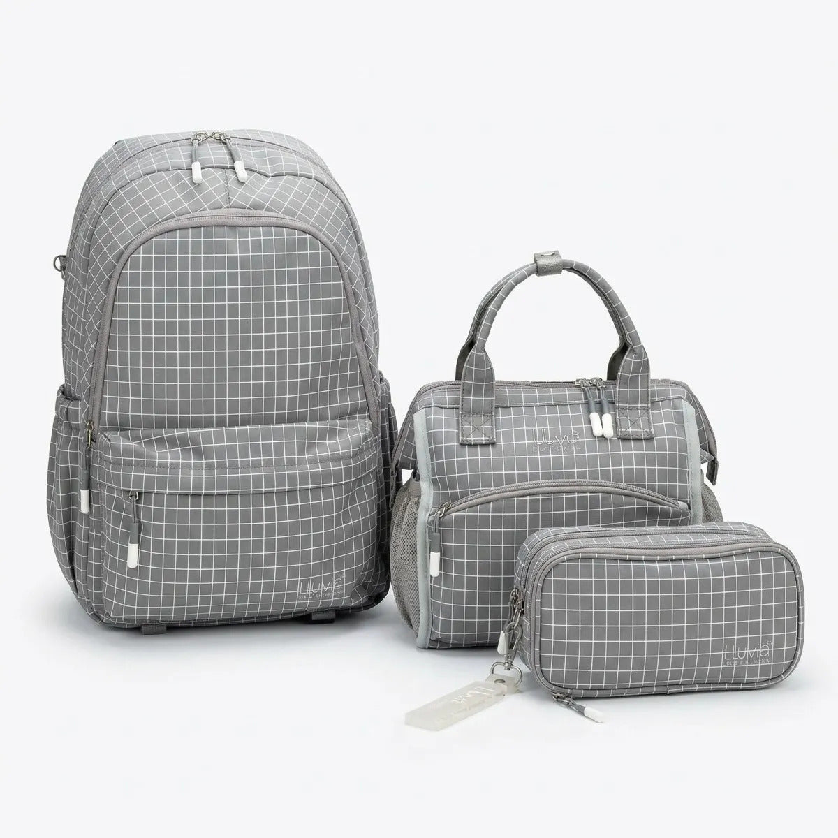 Set 3 Piezas Lluvia Gris Cuadros Mochila Lonchera Lapicera