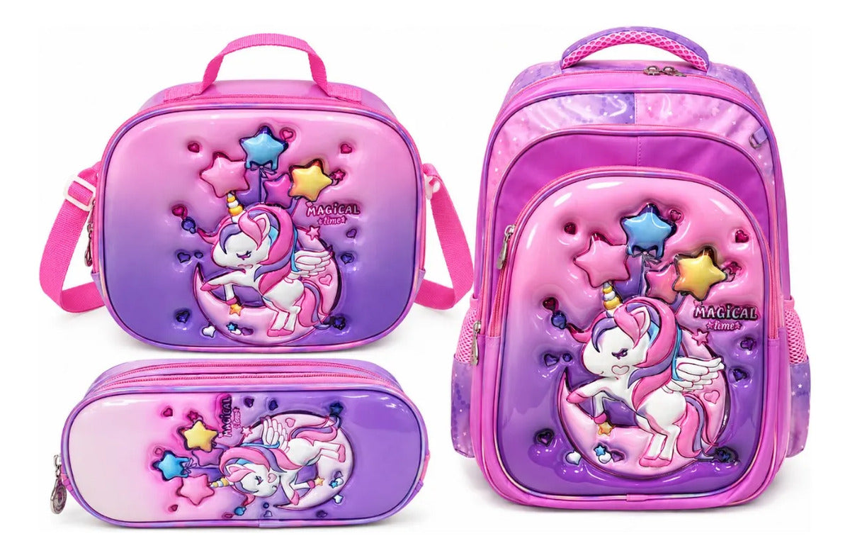 Set Escolar Unicornio Mágico Rosa Lila Mochila Tres Piezas