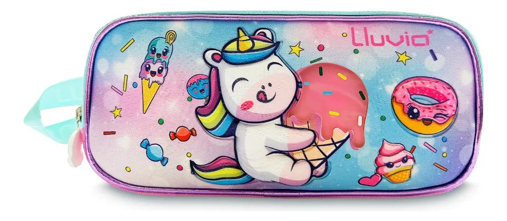 Set Escolar Lluvia Rosa Unicornio Dulces con Luz Tres Piezas