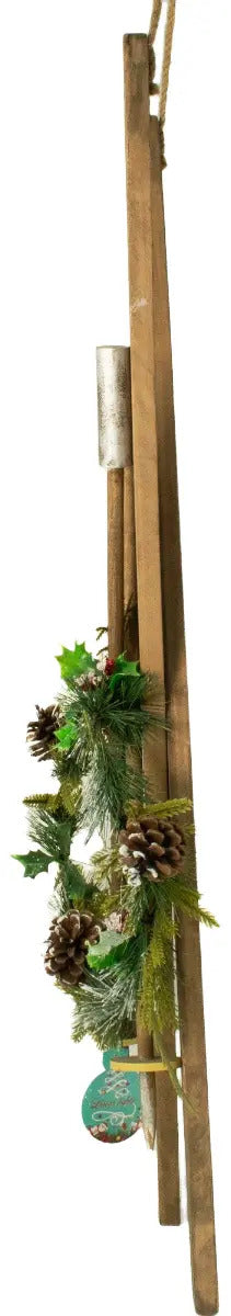 Figura De Esquís Navideños De Madera Con Piñas 74x1x9